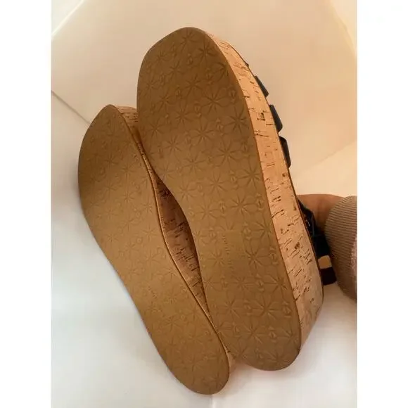 Kate Spade Retro Mabel Navy Leather Platform Wedge Peep Toe Sandals 8.5 - Picture 7 of 11